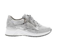 Baskets Femme Rieker - Modèle argenté à talon compensé en cuir - Lacets gris pailleté