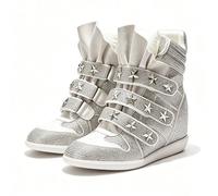 Baskets montantes blanches pour femmes avec talon compensé caché, décoration de strass, clous d'étoiles en métal, sangles à trois segments avec crochet et boucle, langue pliable CN35,CN36,CN37,CN38,CN