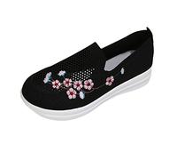 Baskets noires pour femme en maille brodée respirante confortable semelle épaisse chaussures de sport décontractées, Noir , 37.5 EU