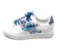 Baskets pour femme avec Stitch, blanches avec lacets bleus et roses, semelle antidérapante en cuir résistant, Blanc, 39 EU