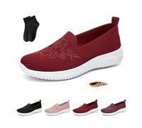 Baskets tricotées brodées pour femmes, mocassins plats décontractés brodés floraux respirants, semelle souple à enfiler en maille, Rouge, 43 EU