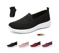 Baskets tricotées brodées pour femmes, mocassins plats décontractés brodés floraux respirants, semelle souple à enfiler en maille, Noir , 43 EU