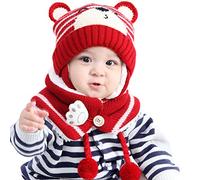 basku Enfants Chapeau Hiver Chaud Chapeau Tricoté Bonnet Chapeau Capuche Tricoté Chapeaux Hiver Chapeau Earflap (6-24 Mois) - Rouge