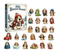 Basset Hound Calendrier de l'Avent 2026-2D en acrylique avec décorations de | Calendrier de compte à rebours de Noël 24 jours | Décoration plate en acrylique pour la maison, la voiture, le bureau
