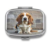 Basset Hound - Pilulier de voyage à 2 compartiments pour poche - Petit pilulier portable en métal pour contenir des vitamines et des suppléments d'huile de poisson