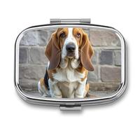 Basset Hound Pilulier de voyage carré portable à 2 compartiments en métal pour comprimés et vitamines