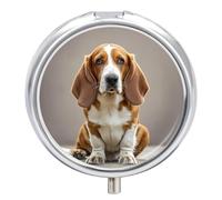 Basset Hound Pilulier rond à 3 compartiments pour poche, sac à main, portable, médicaments, comprimés et vitamines, mini étui décoratif