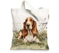 Basset Hound Sac fourre-tout en toile Motif floral vintage réutilisable Sac à bandoulière léger inspiré de la nature, blanc, 13x15 Inch