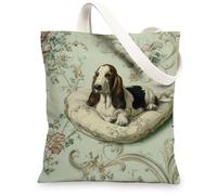 Basset Hound Sac fourre-tout en toile, sacs de courses réutilisables, sacs légers à bandoulière motif floral, vert clair, 13x15 Inch