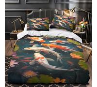 Bassin à carpes koï Impression 3D 3 pièces Housse de Courtepointe Art du Jardin Naturel Housse de lit Microfibre Doux Fermeture éclair pour Enfants Adolescents Hommes Double（200x200cm）