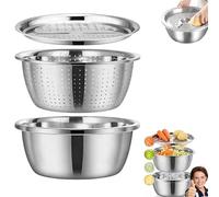 Bassin multifonction en acier inoxydable 3 en 1, avec bac à soupe et panier de drainage pour légumes (ensemble de trois pièces de 26 cm)