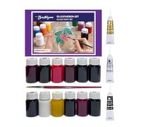 Bastelzone Lot de peintures pour verre avec contours et pinceau - 12 couleurs de 30 ml - Peintures pour verre transparentes à base d'eau pour la décoration