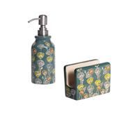BASTIDE-Coffret distributeur de savon et porte-éponge en grès vert à motifs Oliva - les 2 pièces