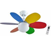 Bastilipo - Ventilateur de plafond avec moteur CC, télécommande, 75 cm, 6 pales, multicolore/blanc, éclairage LED 3 tons, BOLOGNA DC
