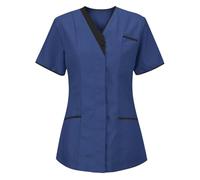 Bastwahl Blouse Pharmacie Femme Médicale col en V Manches Courtes Élastique et esthticienne avec Poches Chemise Uniforme Doux Confortable Respirant avec Boutons Blouse Vêtements Aide Domicile