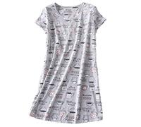 Bastwahl Chemise de Nuit Femme Ete de Nuit d'été Coton Légère Manches Courtes Maxi Robe Col Rond Lâche Rayé Motif Doux Respirante Vêtements Classique Confortable