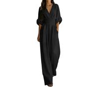 Bastwahl Combinaison Femme Chic Et Elegant - Combinaison D'Été Manche 3/4 Col V Playsuit Couleur Unie Jambe Large Romper avec Poches Jumpsuit Chauve Souris Fluide Élégante Travail