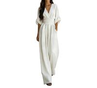 Bastwahl Combinaisons Et Combishorts Femme - Combinaison D'Été Manche 3/4 Col V Playsuit Couleur Unie Jambe Large Romper avec Poches Jumpsuit Chauve Souris Fluide Élégante Travail