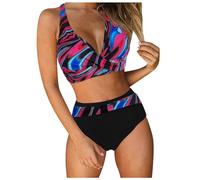 Bastwahl Maillot de Bain Femme Ensembles Taille Haute Push-Up avec Haut Rembourré Maillots de Bain Bikini Set Réglables Ties-Up Dos Nu Bandeau Mid Waisted Torsadé Chic Short Tankini Plage Vacances