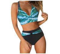 Bastwahl Maillot de Bain Femme Ensembles Taille Haute Push-Up avec Haut Rembourré Maillots de Bain Bikini Set Réglables Ties-Up Dos Nu Bandeau Mid Waisted Torsadé Chic Short Tankini Plage Vacances