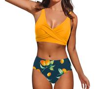 Bastwahl Maillot de Bain Femme Sexy Taille Haute Push-Up Rembourré Deux Maillots de Bain Triangle à Lacets Ties-Up Dos Nu Bandeau Col V Torsadé Froncé Tankini Short Plage Vacances