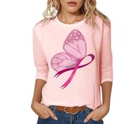 Bastwahl Octobre Rose Cancer du Sein Tee Shirt Femme Manches 3/4 Ruban de Sensibilisation T-Shirt Haut Col Rond de Lutte Contre Chic et Elegant Imprimé Ample Léger Tunique Chemisier Été Pas Cher