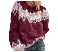 Bastwahl Pull Laine Femme - Norvégien d'hiver Chaud Chic Pull Over Tricoté Col Rond À Manches Longues Sweater Tops Motif Jacquard Tunique Grande Taille Pas Cher Décontractés Vetement Automne-Hiver