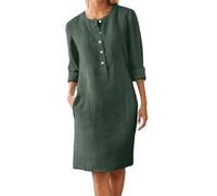 Bastwahl Robe Cotton en Line Femme Ete Col en V Bouton Manches Longues Robe Midi Trapèze Grande Taille Jupe Elegant Décontractée Tunique Couleur Unie Bohème Dress Vacances à La Plage Pas Cher