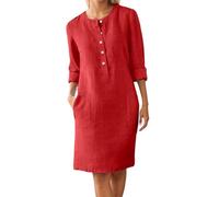 Bastwahl Robe Cotton en Line Femme Ete Col en V Bouton Manches Longues Robe Midi Trapèze Grande Taille Jupe Elegant Décontractée Tunique Couleur Unie Bohème Dress Vacances à La Plage Pas Cher