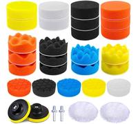 BASVII 31 Kit Polissage Voiture, 25 Pièces 80mm Pad Polissage Éponge, 2 Tampons de Polissage en Laine, 2 Adaptateur M10 pour Perceuse, pour polisseuse Voiture Polir, Meulage et Cirage