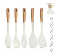 BASVII Ustensiles de Cuisine Silicone, 10 Pièces Set Ustensile Cuisine Fabriqué en Silicone et Manche Bois, Résistants 250 °C, pour Frire Sauter Mijoter, avec 5 Crochets, Protège Poêles Antiadhésives