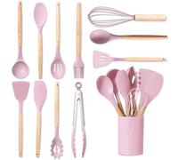 BASVII Ustensiles de Cuisine Silicone 12 Pièces, en Silicone Bon et Poignées Bois, Set Ustensile Cuisine Convenant Toutes Casseroles Poêles (Rose)
