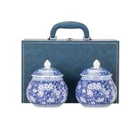 BASXDRFXZ Boîte À Thé Hermétique Récipient de stockage thé en vrac céramique Pot scellé Ensemble rétro bleu et blanc Coffret cadeau for pot simple/double(Double can)