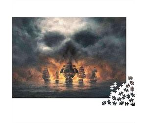 Bataille Navire Pirate Puzzle Cadeau Vacances 1000 Pièces pour Adultes Flotte Pirate sous Un Ciel de Nuage de Crâne Ominieux Premium Robuste Haute Qualité Défiant Anti-Stress 52x38cm/1000pcs