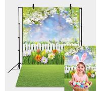 BATE Toile de fond motif œufs de Pâques Fleurs de printemps Clôtures en herbe verte Ciel bokeh Photographie Pour fête prénatale Portrait Décoration de fête Accessoires de studio photo