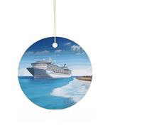 Bateau de croisière en bord de mer - Décoration de Noël ronde à suspendre - Double face - Avec corde dorée - Pendentif de Noël pour cheminée, fête de vacances