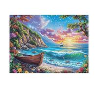 Bateau en Bois lac Coucher de Soleil 500 Pieces Casse-tête Collectionneur en Carton sans Déformation Très Difficile Motif Complexe Décoration Murale Cadeau Noël Premium 500 PCS