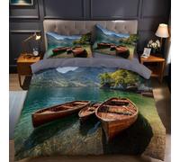 Bateau en Bois sur Le lac Housse de Couette 240x260 cm Paysages Naturels Parure de Lit 2 Personnes en Microfibre Douce Imprimée avec Fermeture Éclair et 2 Taies d’Oreiller