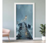 Bateau Pont en Bois Autocollant de Porte 3D, Aventure Nautique Papier Peint de Porte Vinyle Auto-Adhésif Amovible, Sticker Mural Étanche, pour Salon Cuisine Chambre Salle de Bain, 85 x 215 cm P4W173
