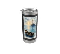Bateau sur la mer calme Phare au soleil Maritime Gobelet isotherme en acier inoxydable double paroi