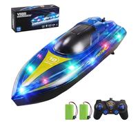 Bateau Télécommandé RC Bateau avec 2 Batteries, Lumières LED, 2.4GHz Bateau Radiocommandé 15KM/H RC Bateaux de Course avec Alarme de Batterie Faible, Bateau électrique pour Enfants Adultes Piscine Lac