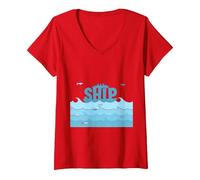 Bateau Voile Océan Vagues Poisson Aventure Maritime T-Shirt avec Col en V, Femme, Rouge, XXL