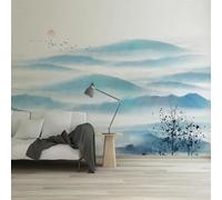 Bateaux De Montagne Frais Dessinés À La Main Oiseaux Au Lever Du Soleil Papier Peint 3D Installation Facile Intissé Tapisserie Bureau Salon Canapé Chambre Décoration Murale-200cm×140cm