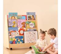 Bateso Étagère à Livres Double Sided avec Roues, Étagère en Bois 4 Niveaux pour Enfants, Rangement de Magazines, Idéale pour Chambres, Salles de Jeux et Séjours