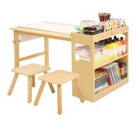Bateso Table d'art pour Enfants avec 2 chaises et Papier en Rouleau - Table en Bois spacieuse avec étagères de Rangement pour Le Dessin, Les activités et l'étude, idéale pour Les Jeux créatifs.
