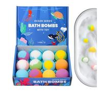 Bath Bomb Set, 12 Piece Sea Theme Bath Balls, Bubble Body Wash with Surprise Toy Inside, Relaxing Spa Soak for Soft Skin Care, Fun Baths Accessories, Home Travel Bathroom Self Care Use