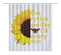Bath CurtainRideau Douche Imperméable Opaque 64.17x70.87Inch(163x180cm) 12 Crochets Plastique + Oeillets Métal, Résistant Chaleur Everything Will Be OK Sunflower Bee