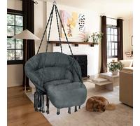 Bathonly Fauteuil Suspendu, Capacité 150 kg, Chaise Coton avec Coussin, Macramé Chaise Pivotante, Faite à la Main avec Kits de Matériel de Suspension, Bohème, Jardin, Intérieur, Extérieur, Gris Foncé