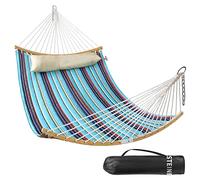 Bathonly Hamac Double, Hamac 2 Personnes en Tissu Matelassé De 335 cm pour l'Extérieur avec Oreiller, Barre d'écartement Incurvée Pliable, Chaînes, Sac de Transport, Capacité 204 Kg, Bleu Jean