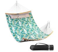 Bathonly Hamac Double, Hamac 2 Personnes en Tissu Matelassé De 335 cm pour l'Extérieur avec Oreiller, Barre d'écartement Incurvée Pliable, Chaînes, Sac de Transport, Capacité 204 Kg, Blueleaves